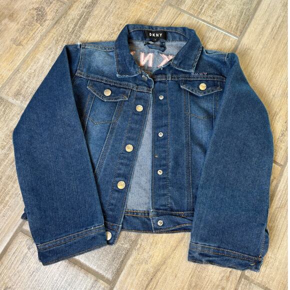 DKNY Girls Denim Long Sleeve Jean Jacket Snap Closure Spell Out Pink Size 6 - Picture 1 of 7